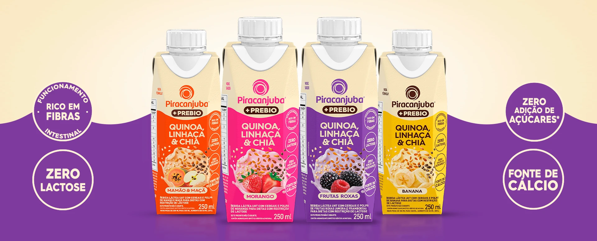 Piracanjuba +Prebio Quinoa, Linhaça e Chia: fibras prebióticas, zero lactose e zero açúcar para o dia a dia