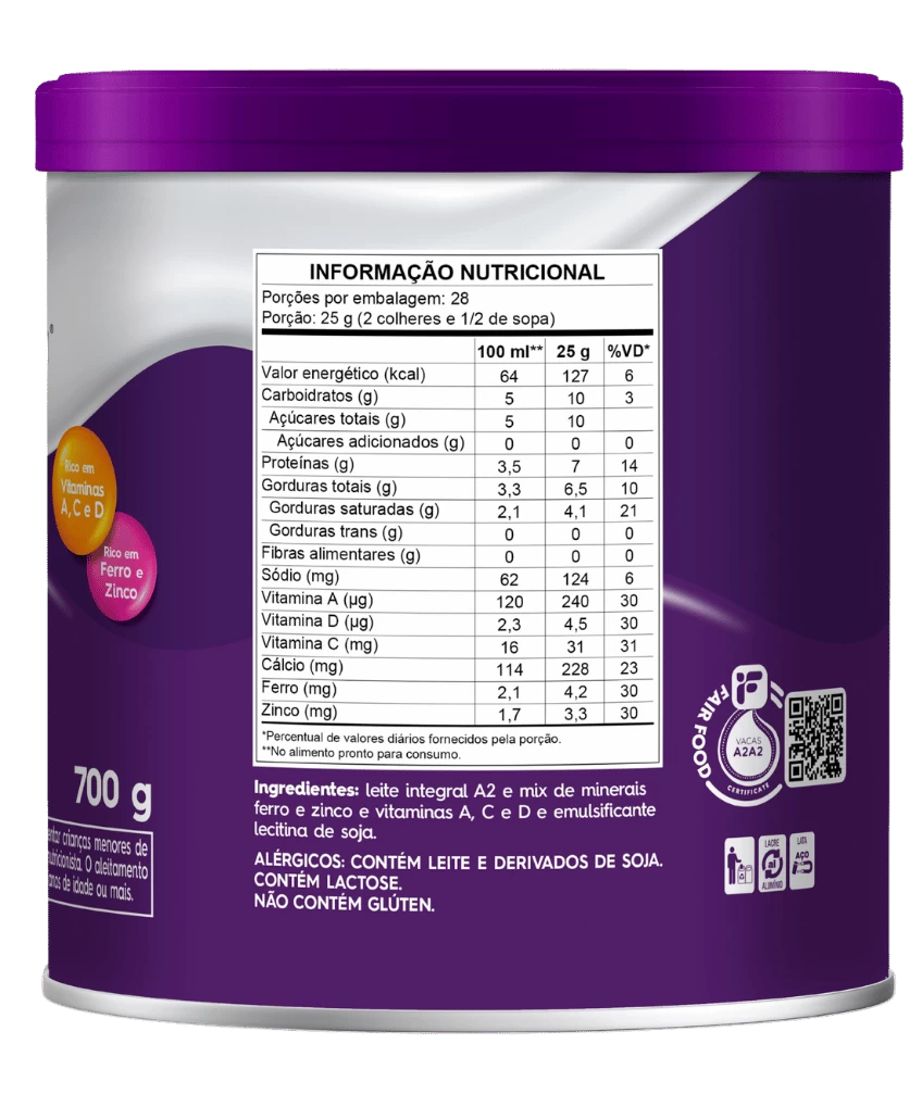 Leite em Pó Integral Instantâneo A2 Piracanjuba 700g - Tabela Nutricional
