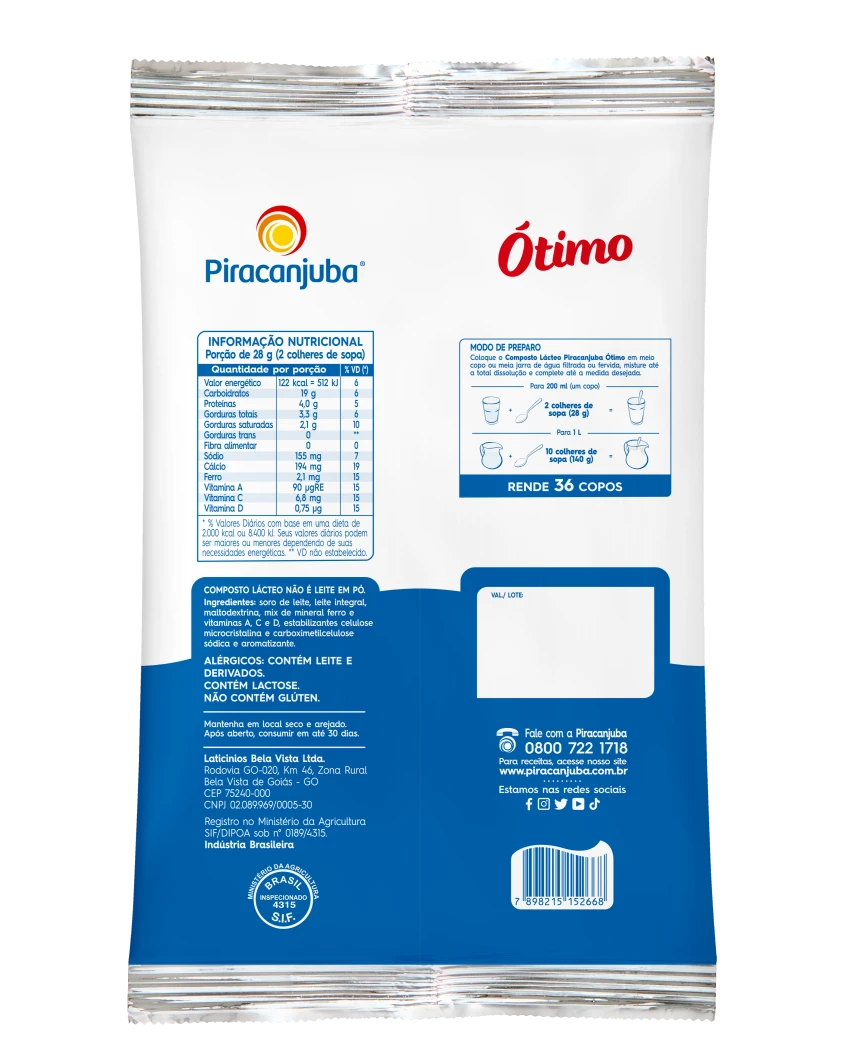 Composto Lácteo com Maltodextrina Piracanjuba Ótimo 1kg