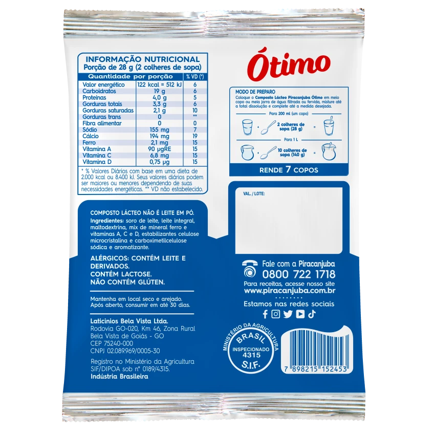 Composto Lácteo com Maltodextrina Piracanjuba Ótimo 200g