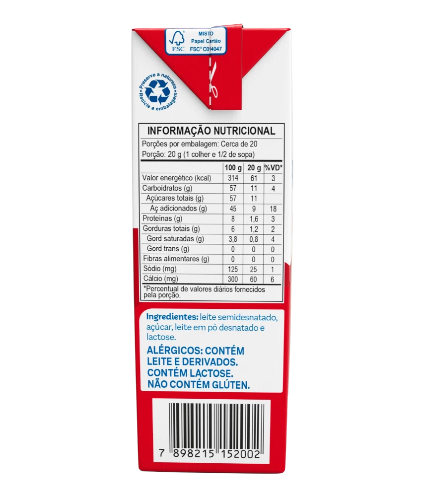 Leite Condensado Semidesnatado Piracanjuba 395g - Tabela Nutricional