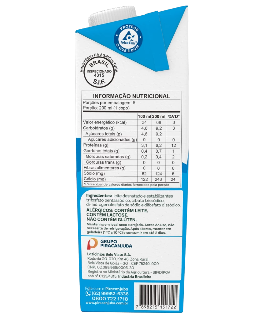 Leite Desnatado Piracanjuba 1L - Tabela Nutricional