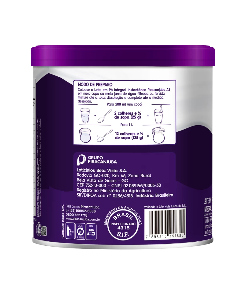 Leite em Pó Integral Instantâneo A2 Piracanjuba 380g - Modo de Preparo