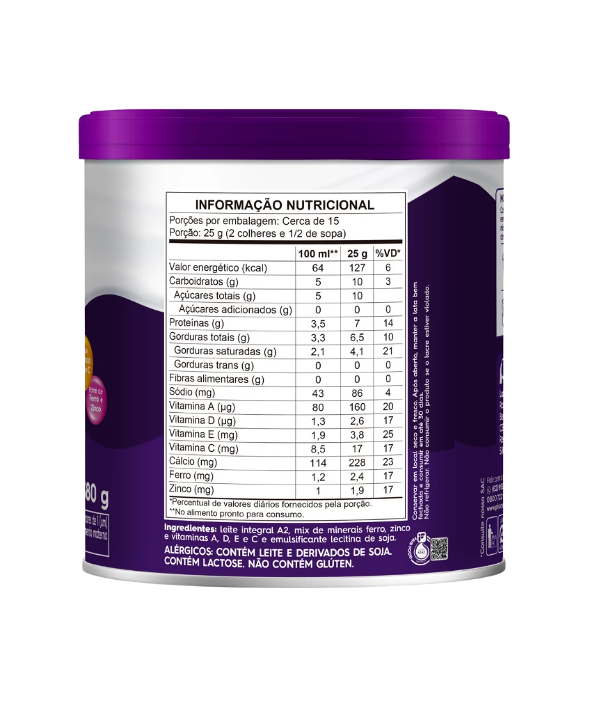 Leite em Pó Integral Instantâneo A2 Piracanjuba 380g - Tabela Nutricional