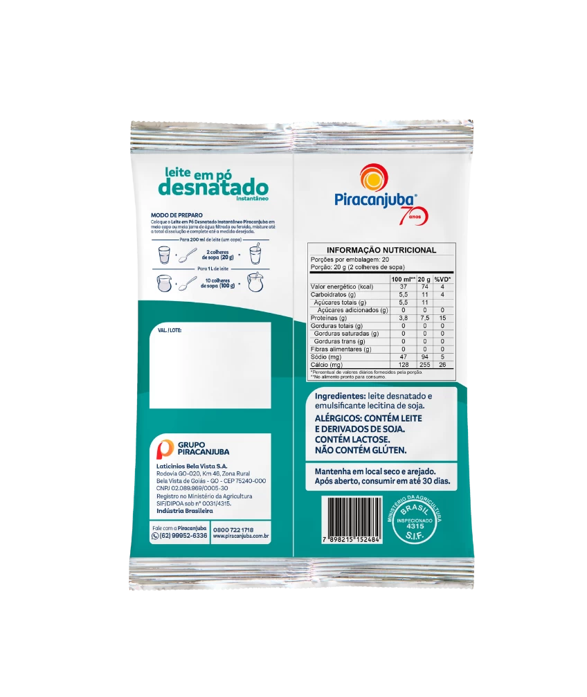 Leite em Pó Desnatado Instantâneo Piracanjuba 400g - Tabela Nutricional