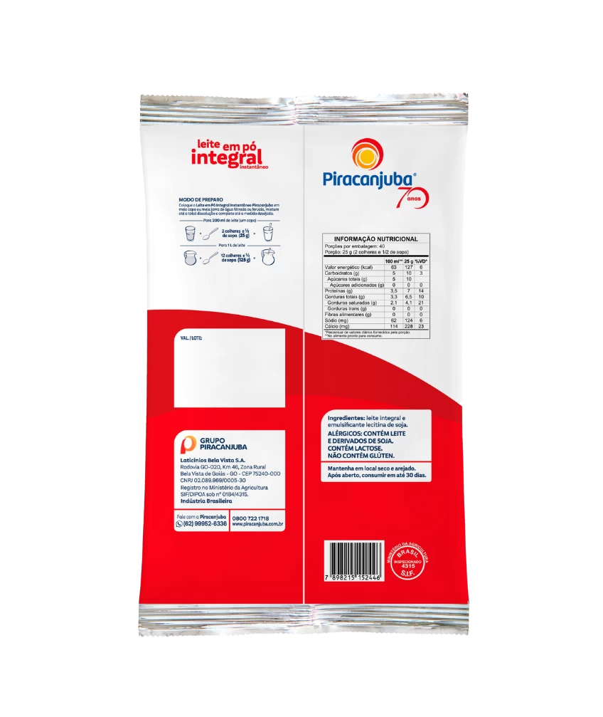 Leite em Pó Integral Instantâneo Piracanjuba 1kg