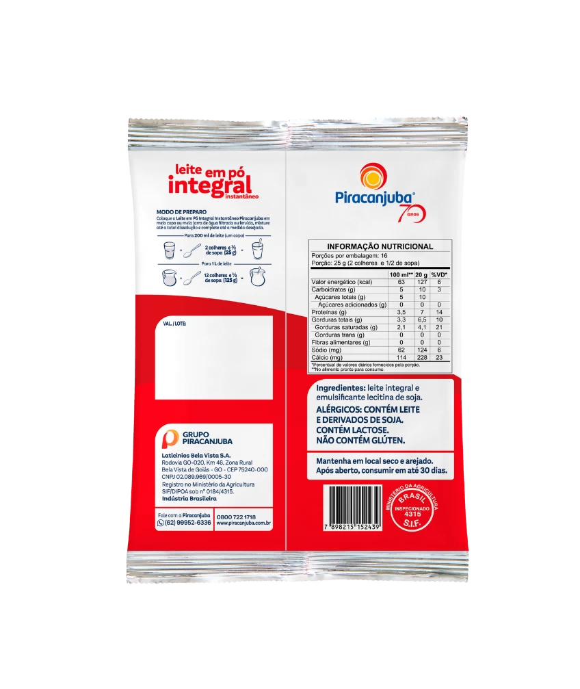 Leite em Pó Integral Instantâneo Piracanjuba 400g - Tabela Nutricional