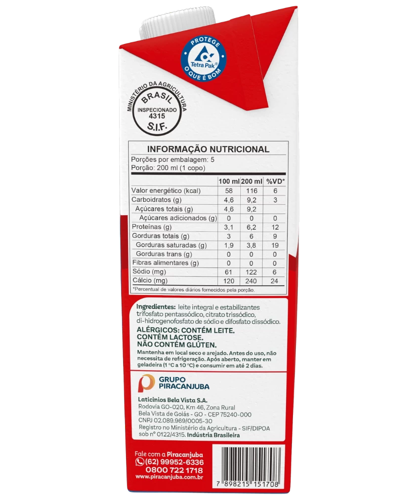 Leite Integral Piracanjuba 1L - Tabela Nutricional