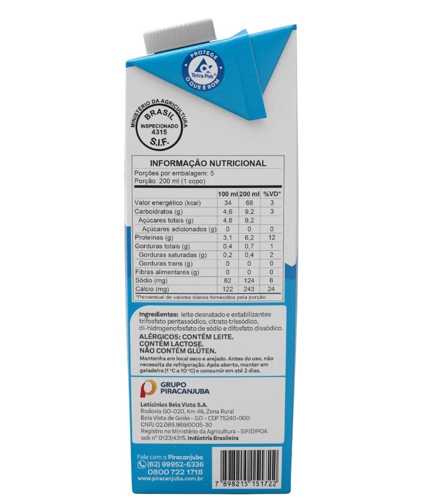 Leite Desnatado Piracanjuba 1L - Tabela Nutricional