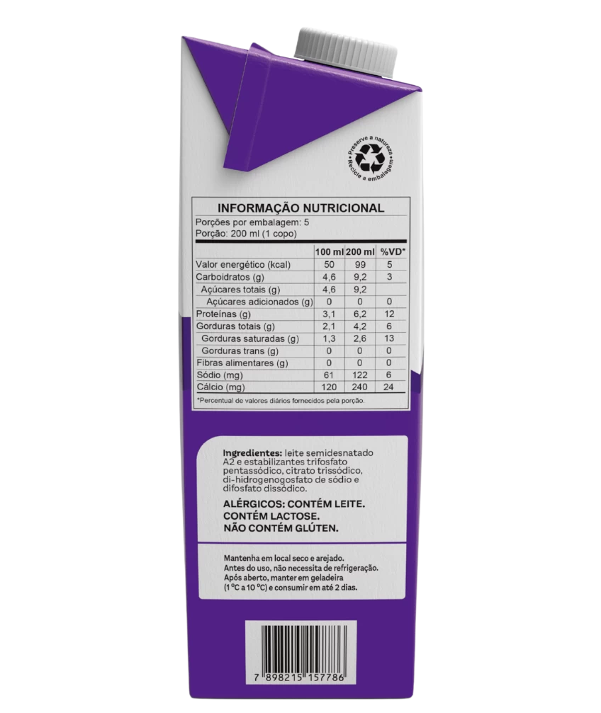 Leite Semidesnatado A2 Piracanjuba 1L - Tabela Nutricional