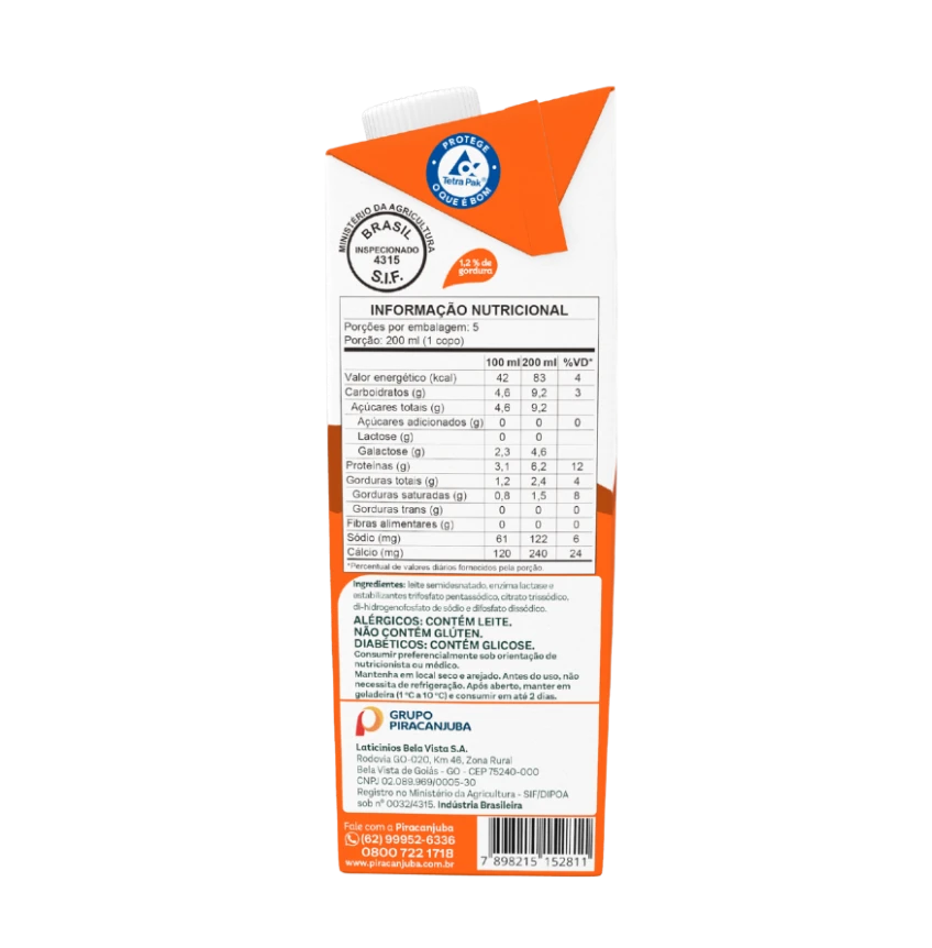 Leite Semidesnatado Zero Lactose Piracanjuba 1L - Tabela Nutricional
