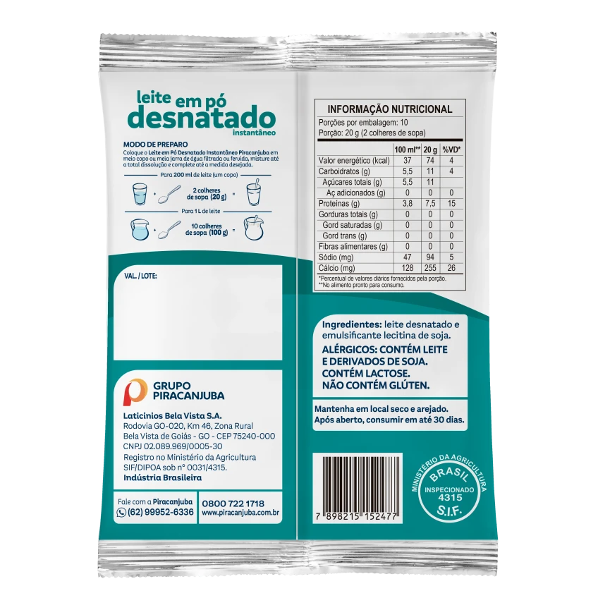 Leite em Pó Desnatado Instantâneo Piracanjuba 200g