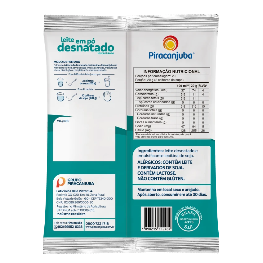 Leite em Pó Desnatado Instantâneo Piracanjuba 400g