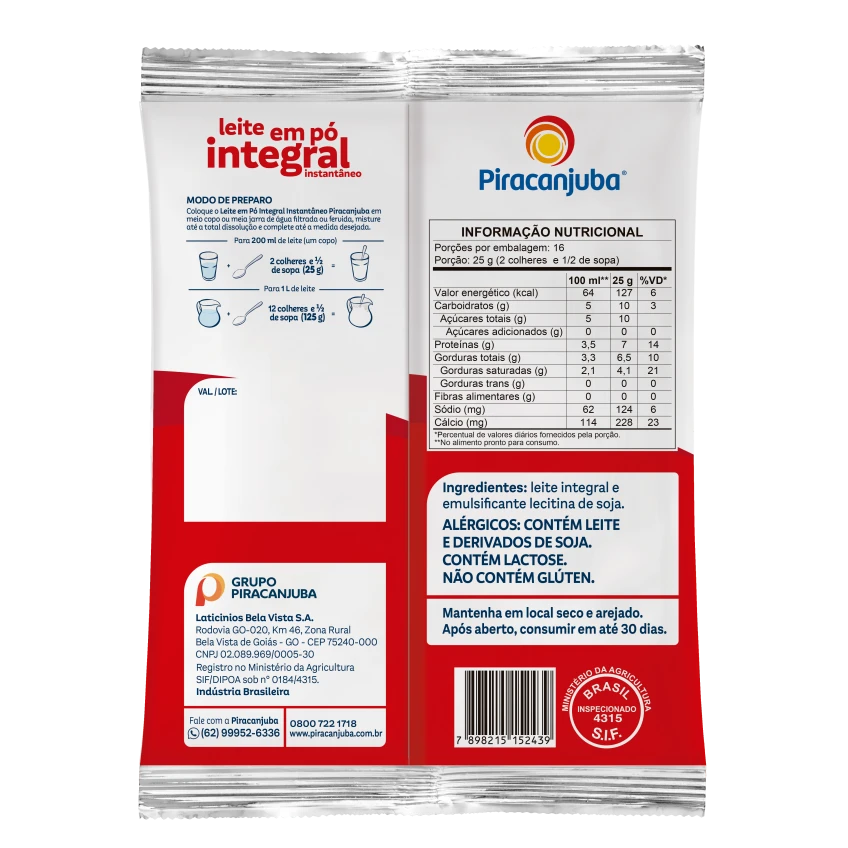 Leite em Pó Integral Instantâneo Piracanjuba 400g