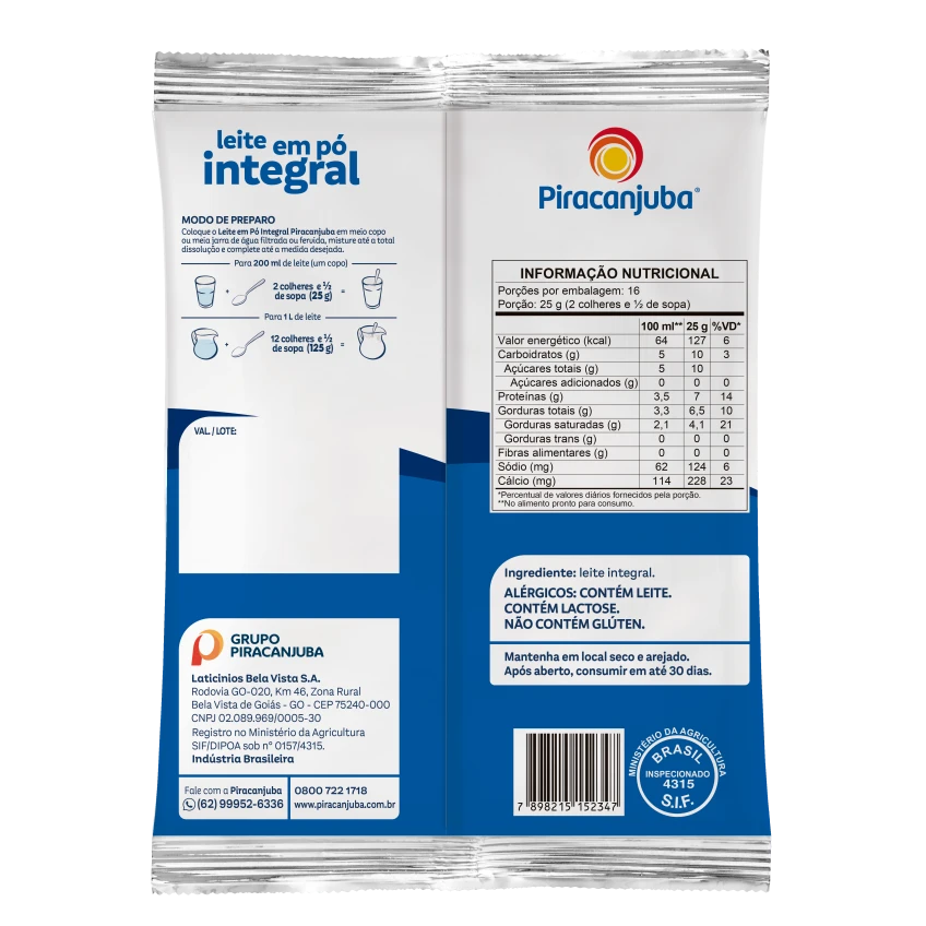 Leite em Pó Integral Piracanjuba 400g