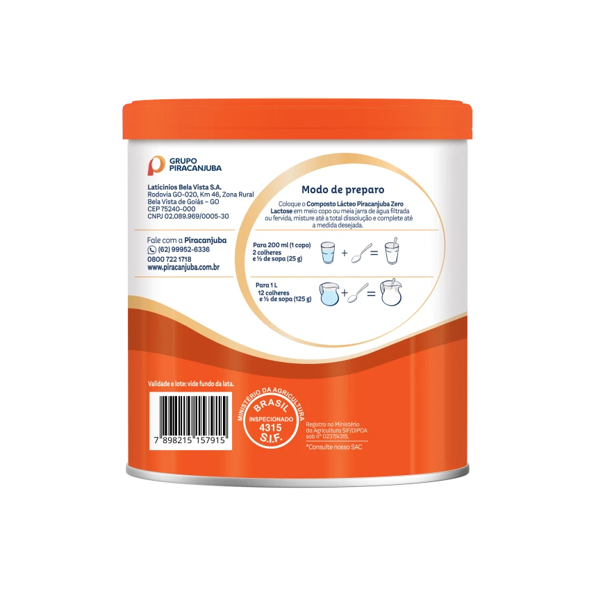 Composto Lácteo Zero Lactose Piracanjuba 380g - Tabela nutricional