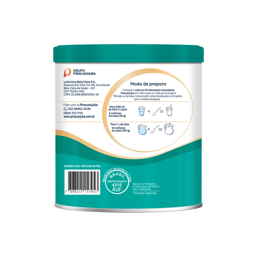 Leite em Pó Desnatado Instantâneo Piracanjuba 300g - Tabela Nutricional