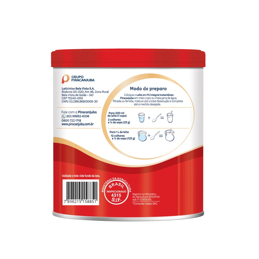 Leite em Pó Integral Instantâneo Piracanjuba Lata 380 g