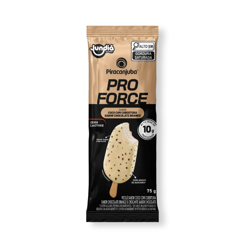 Picolé Piracanjuba ProForce Coco com cobertura de chocolate branco e crispy de chocolate