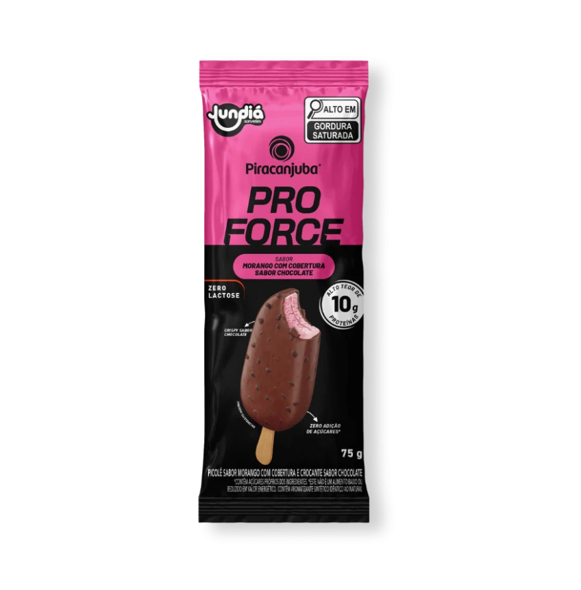 Picolé Piracanjuba ProForce Morango com cobertura e crispy de chocolate