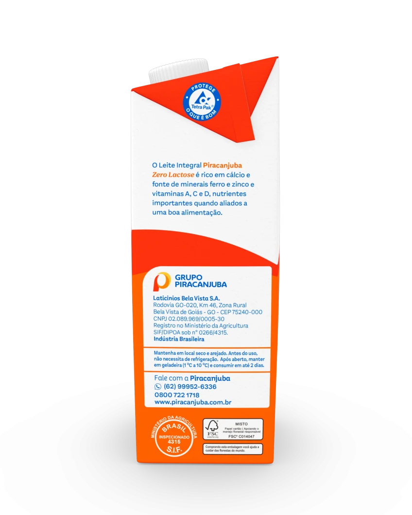 Leite Integral Zero Lactose Piracanjuba 1L