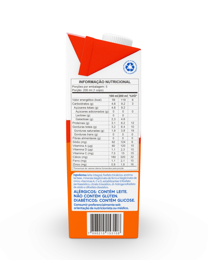Leite Integral Zero Lactose Piracanjuba 1L - Tabela Nutricional