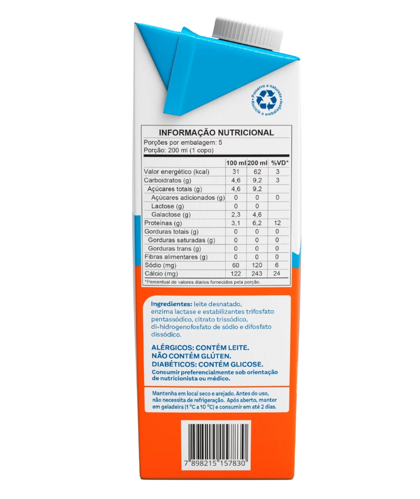 Leite Desnatado Zero Lactose Piracanjuba 1L - Tabela Nutricional