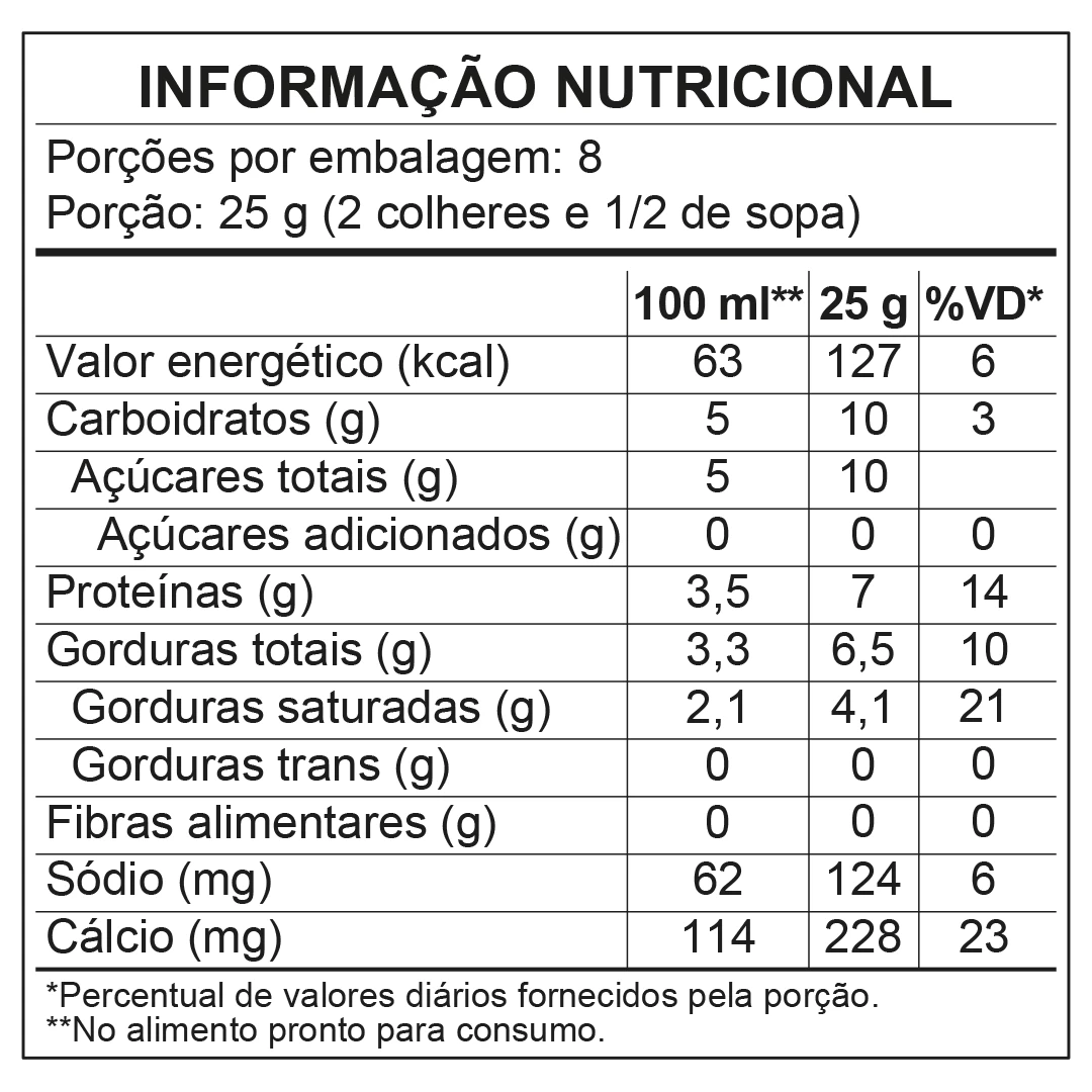 <p>Tabela Nutricional - Leite em Pó Integral Instantâneo Piracanjuba 200g</p>