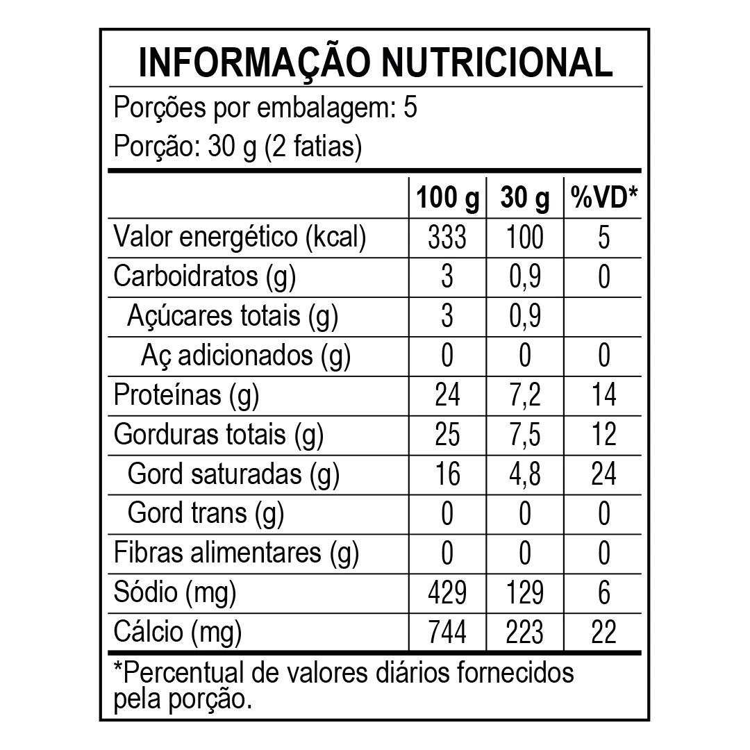 <p>Tabela nutricional - Queijo Mussarela Fatiado Piracanjuba 300 g</p>