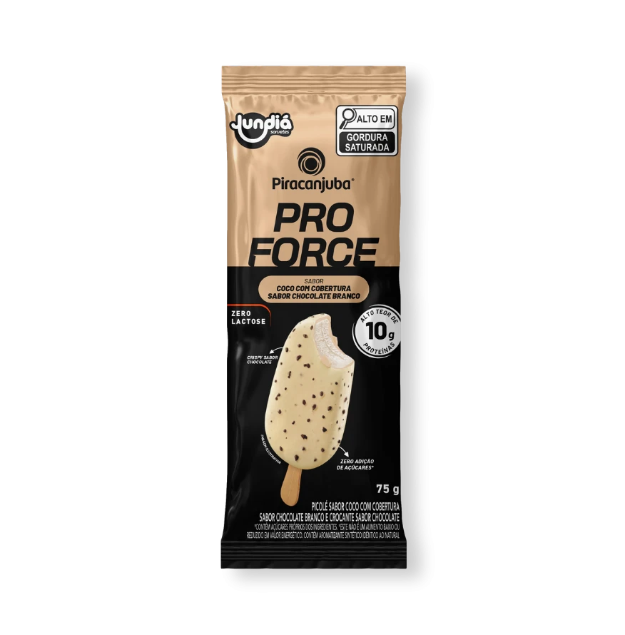 Produto Picolé Piracanjuba ProForce Coco com cobertura de chocolate branco e crispy de chocolate