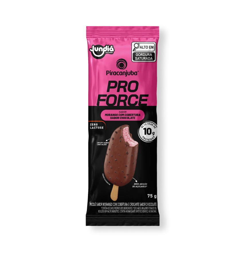 Produto Picolé Piracanjuba ProForce Morango com cobertura e crispy de chocolate
