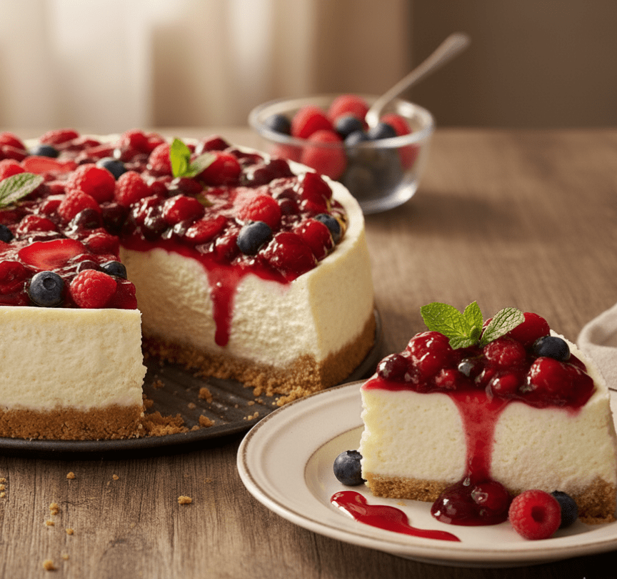 Cheesecake Assado de Leite Condensado com Calda de Frutas Vermelhas