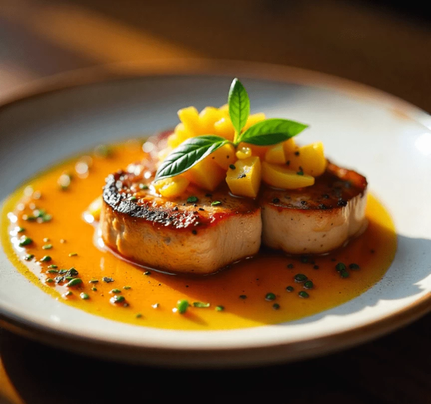 Medalhão Suíno com Manteiga de Flor de Sal, Alecrim e Maçã Assada