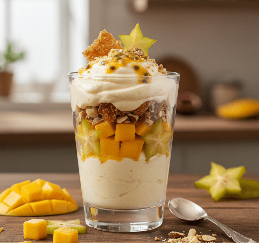 Verrine de Leite Condensado, Frutas Amarelas e Crocante de Avelã