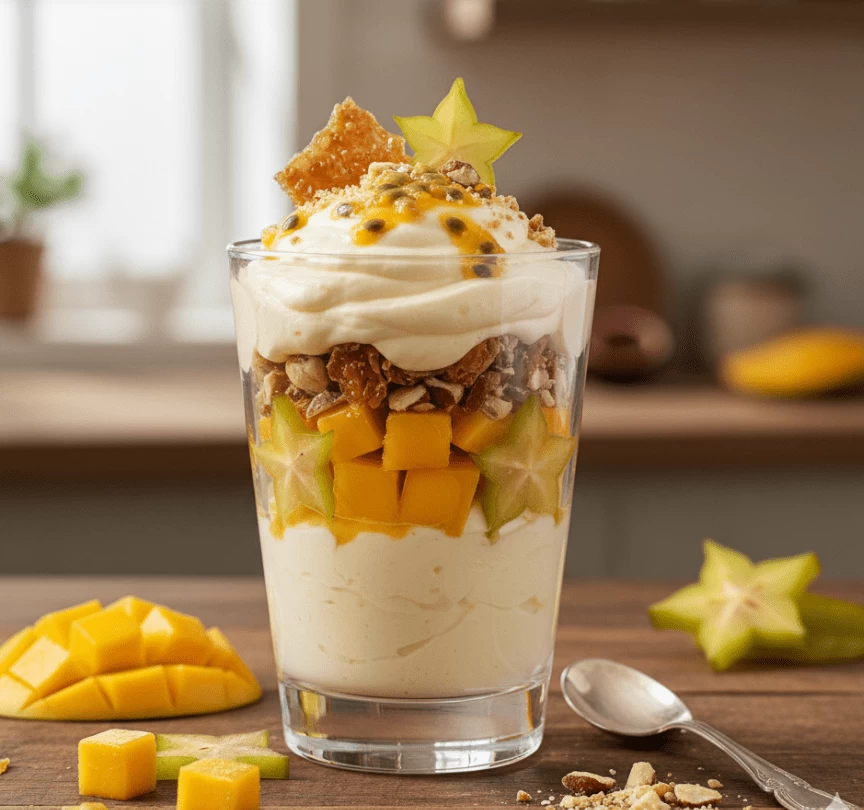 Verrine de Leite Condensado, Frutas Amarelas e Crocante de Avelã